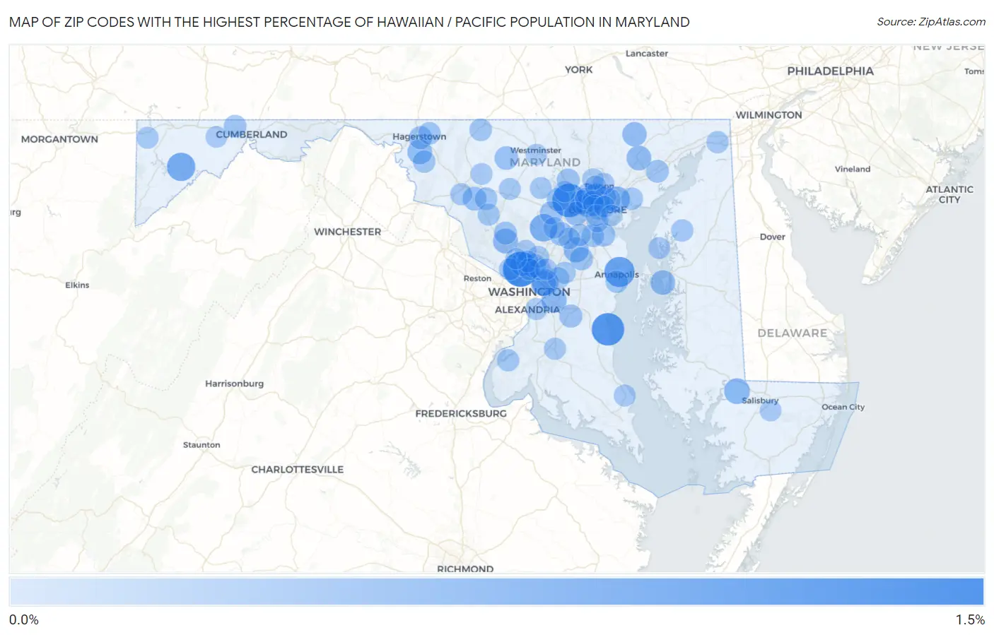 Zip Codes with the Highest Percentage of Hawaiian / Pacific Population in Maryland Map