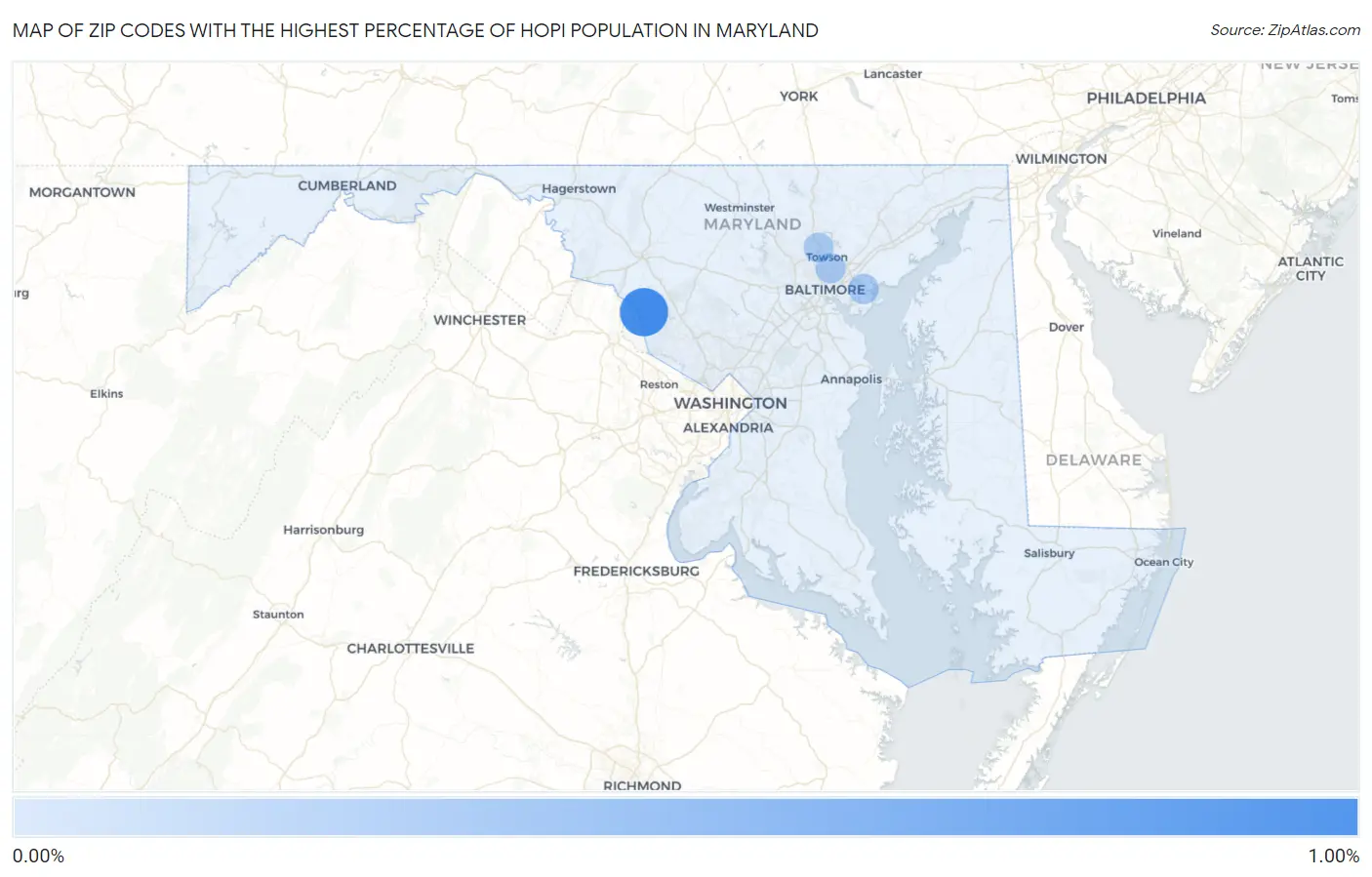 Zip Codes with the Highest Percentage of Hopi Population in Maryland Map
