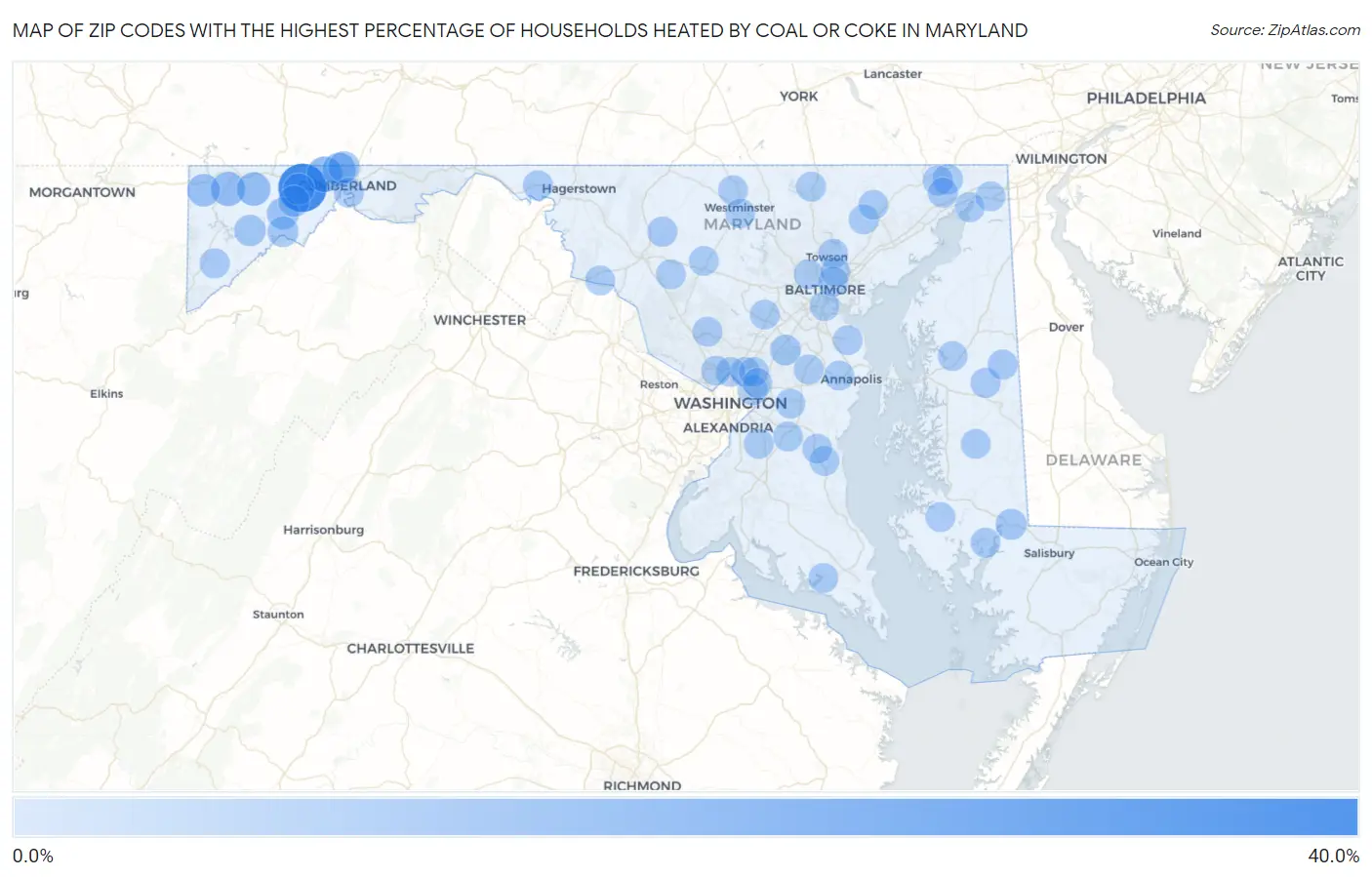 Zip Codes with the Highest Percentage of Households Heated by Coal or Coke in Maryland Map