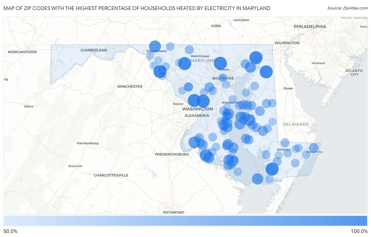 Zip Codes with the Highest Percentage of Households Heated by Electricity in Maryland Map