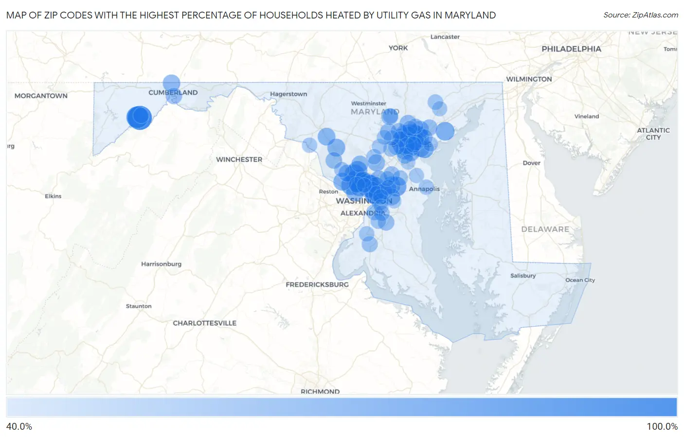 Zip Codes with the Highest Percentage of Households Heated by Utility Gas in Maryland Map