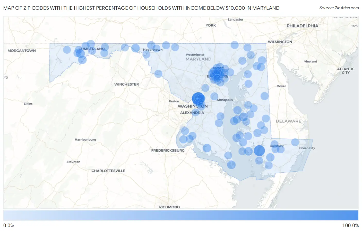 Zip Codes with the Highest Percentage of Households with Income Below $10,000 in Maryland Map