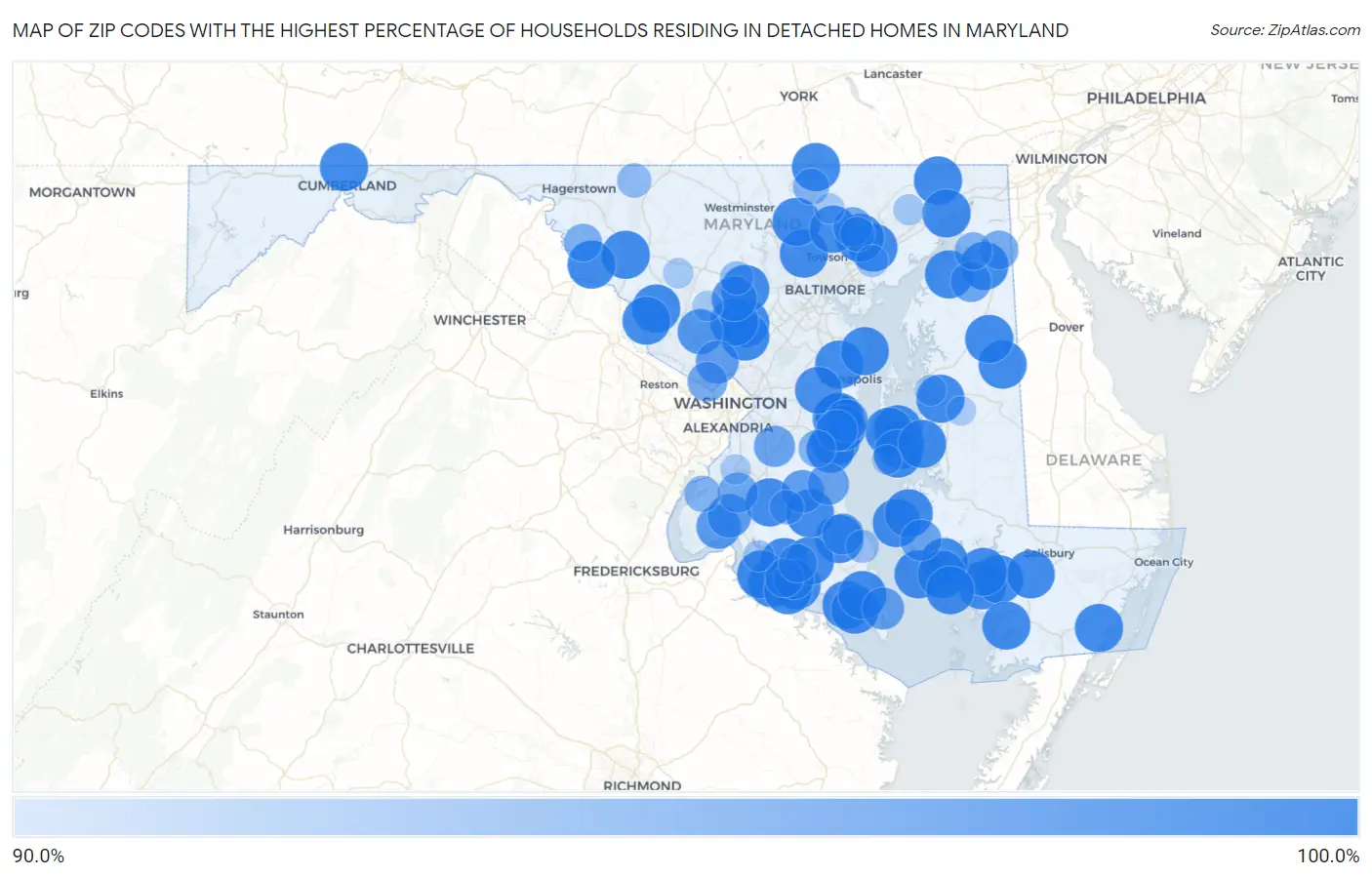 Zip Codes with the Highest Percentage of Households Residing in Detached Homes in Maryland Map