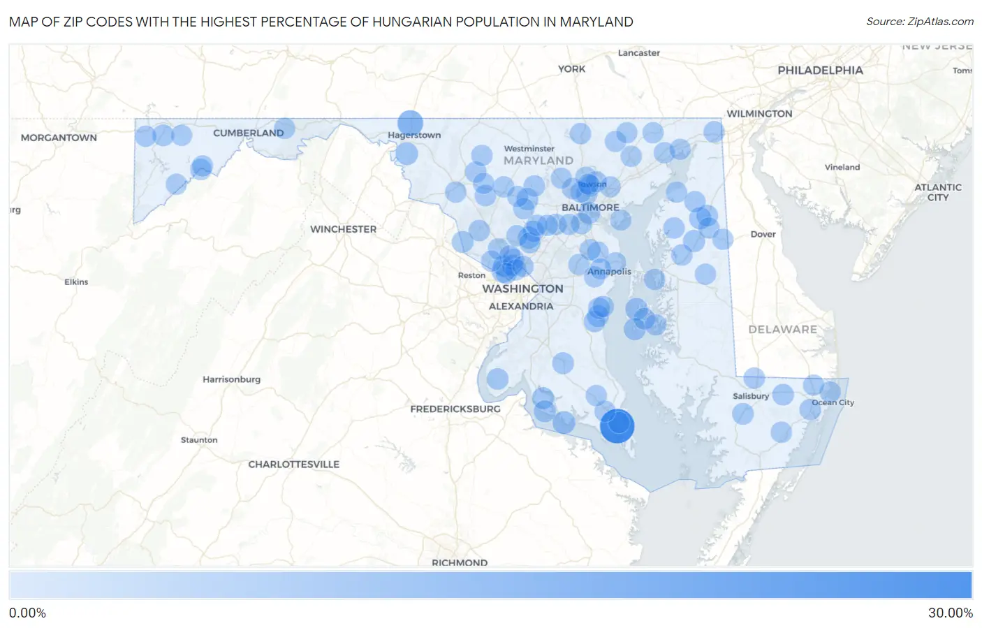 Zip Codes with the Highest Percentage of Hungarian Population in Maryland Map