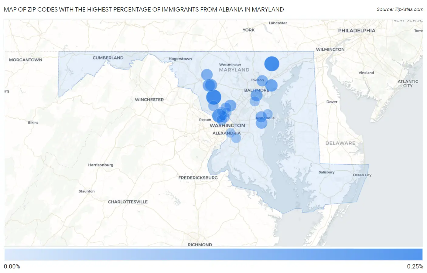 Zip Codes with the Highest Percentage of Immigrants from Albania in Maryland Map