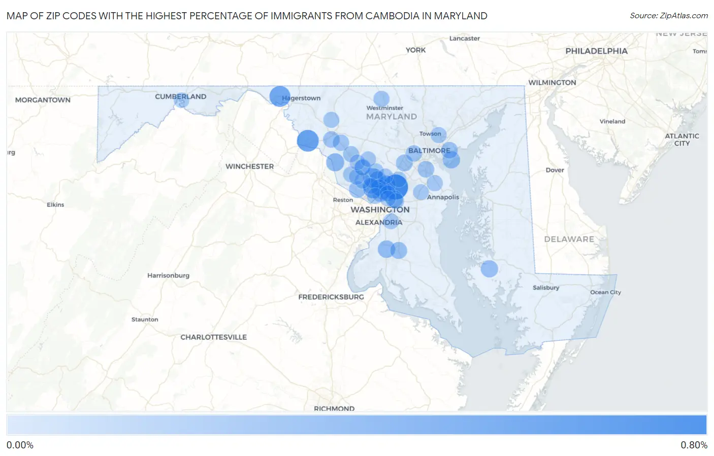 Zip Codes with the Highest Percentage of Immigrants from Cambodia in Maryland Map