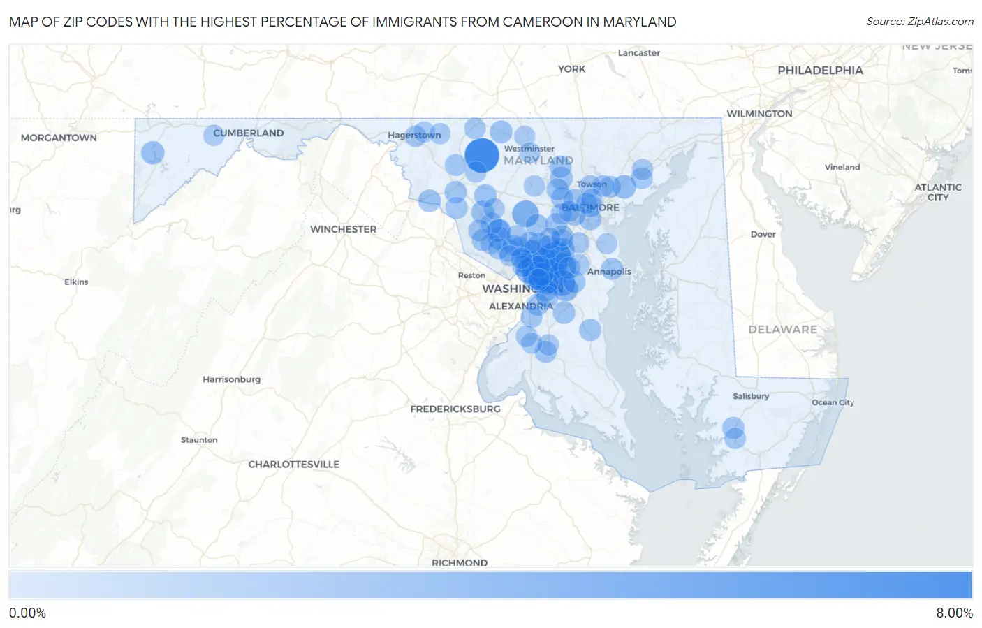 Zip Codes with the Highest Percentage of Immigrants from Cameroon in Maryland Map