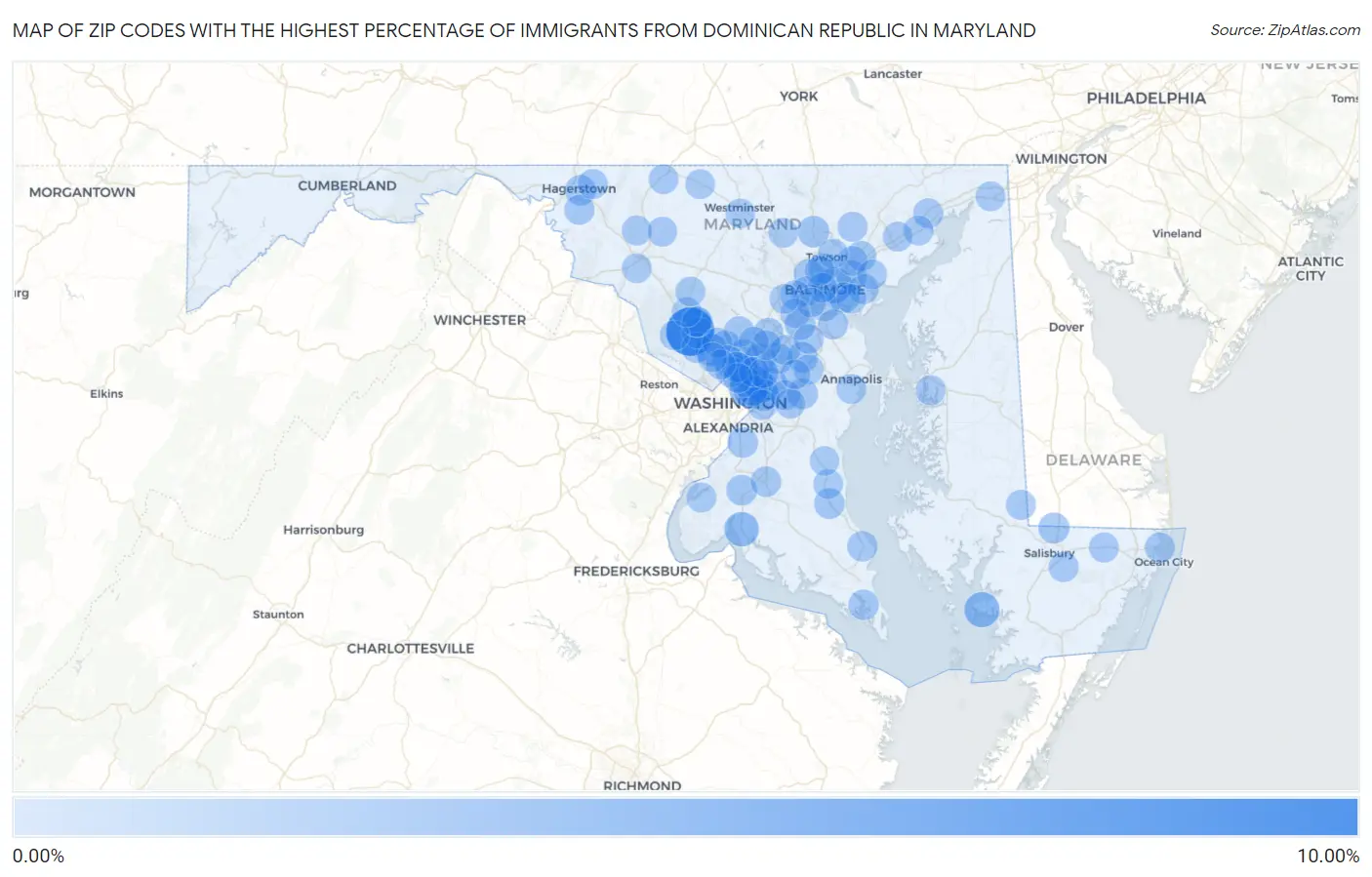 Zip Codes with the Highest Percentage of Immigrants from Dominican Republic in Maryland Map