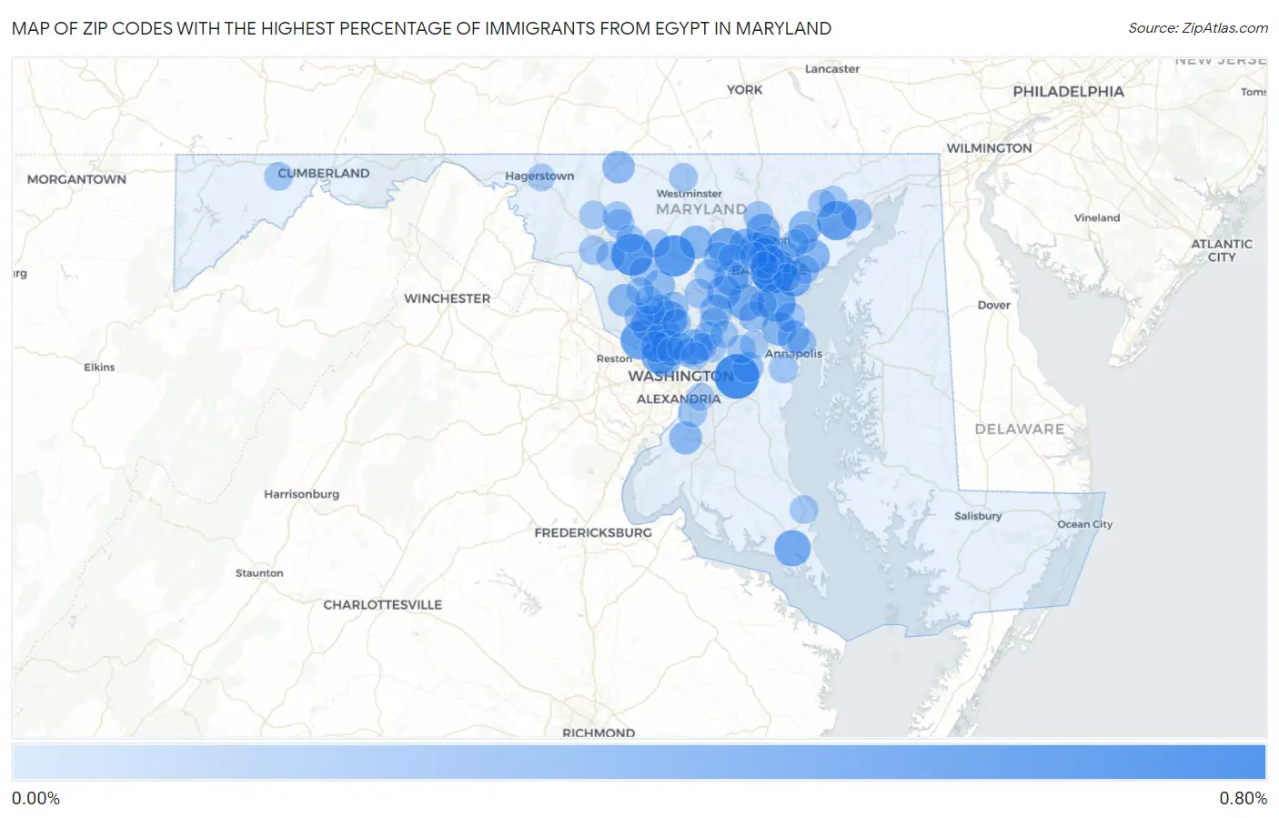 Zip Codes with the Highest Percentage of Immigrants from Egypt in Maryland Map