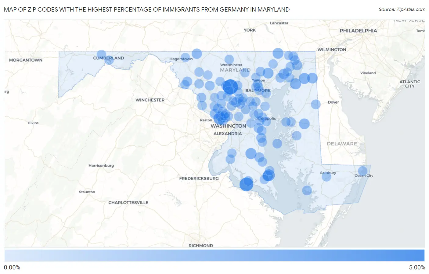 Zip Codes with the Highest Percentage of Immigrants from Germany in Maryland Map