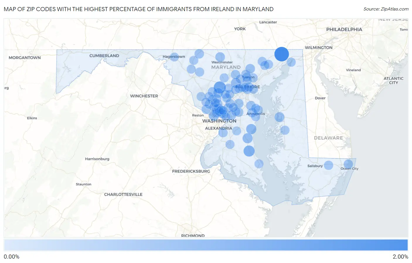 Zip Codes with the Highest Percentage of Immigrants from Ireland in Maryland Map