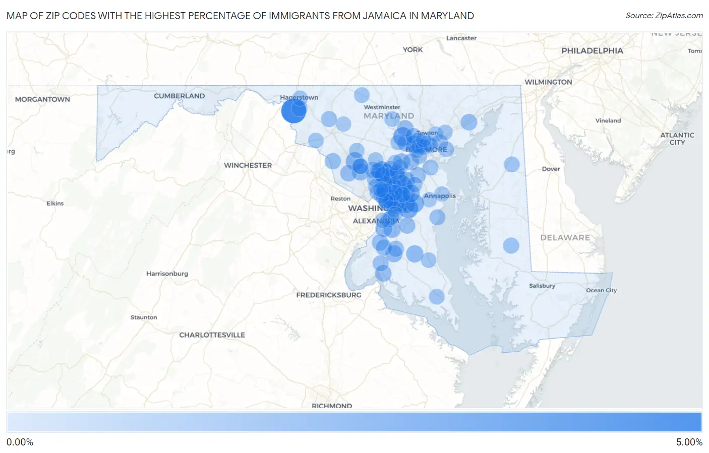Zip Codes with the Highest Percentage of Immigrants from Jamaica in Maryland Map