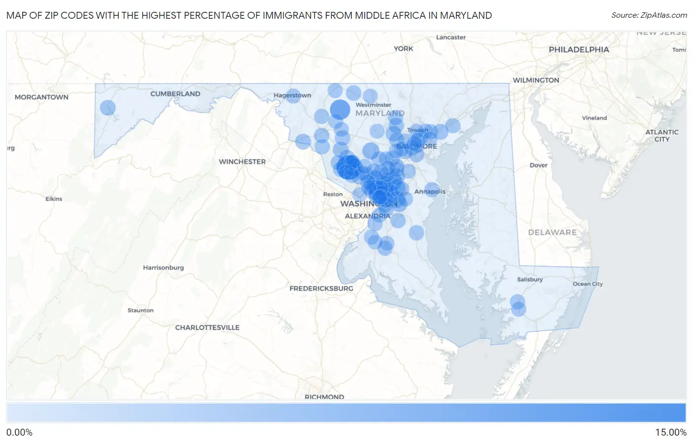 Zip Codes with the Highest Percentage of Immigrants from Middle Africa in Maryland Map