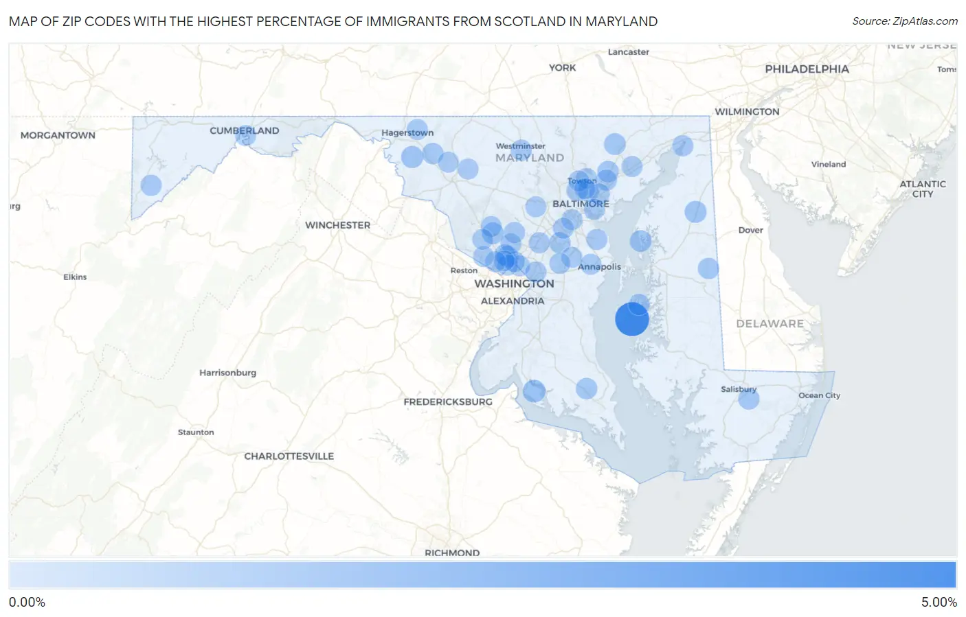Zip Codes with the Highest Percentage of Immigrants from Scotland in Maryland Map
