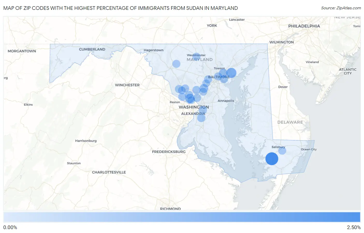 Zip Codes with the Highest Percentage of Immigrants from Sudan in Maryland Map