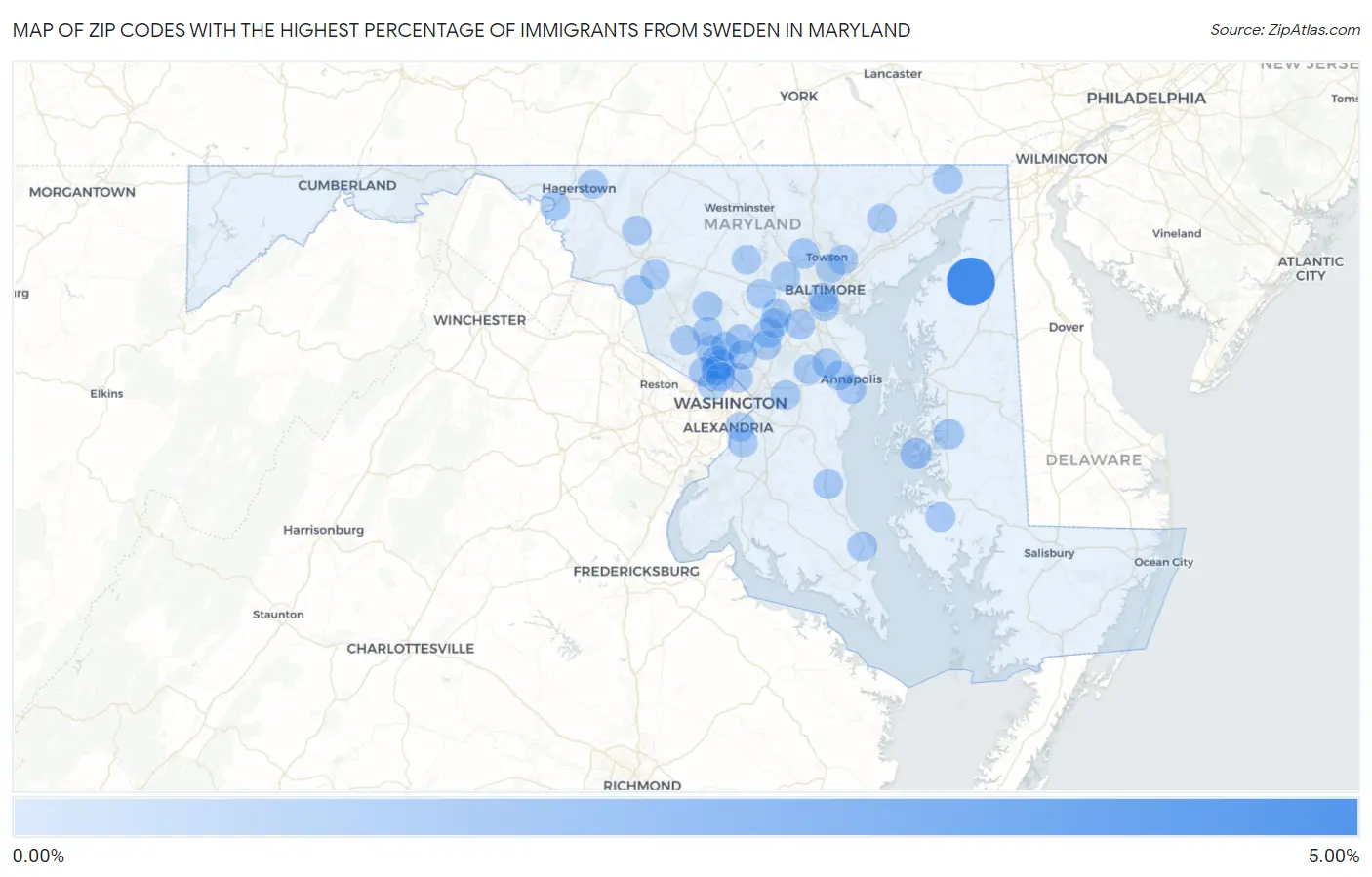 Zip Codes with the Highest Percentage of Immigrants from Sweden in Maryland Map