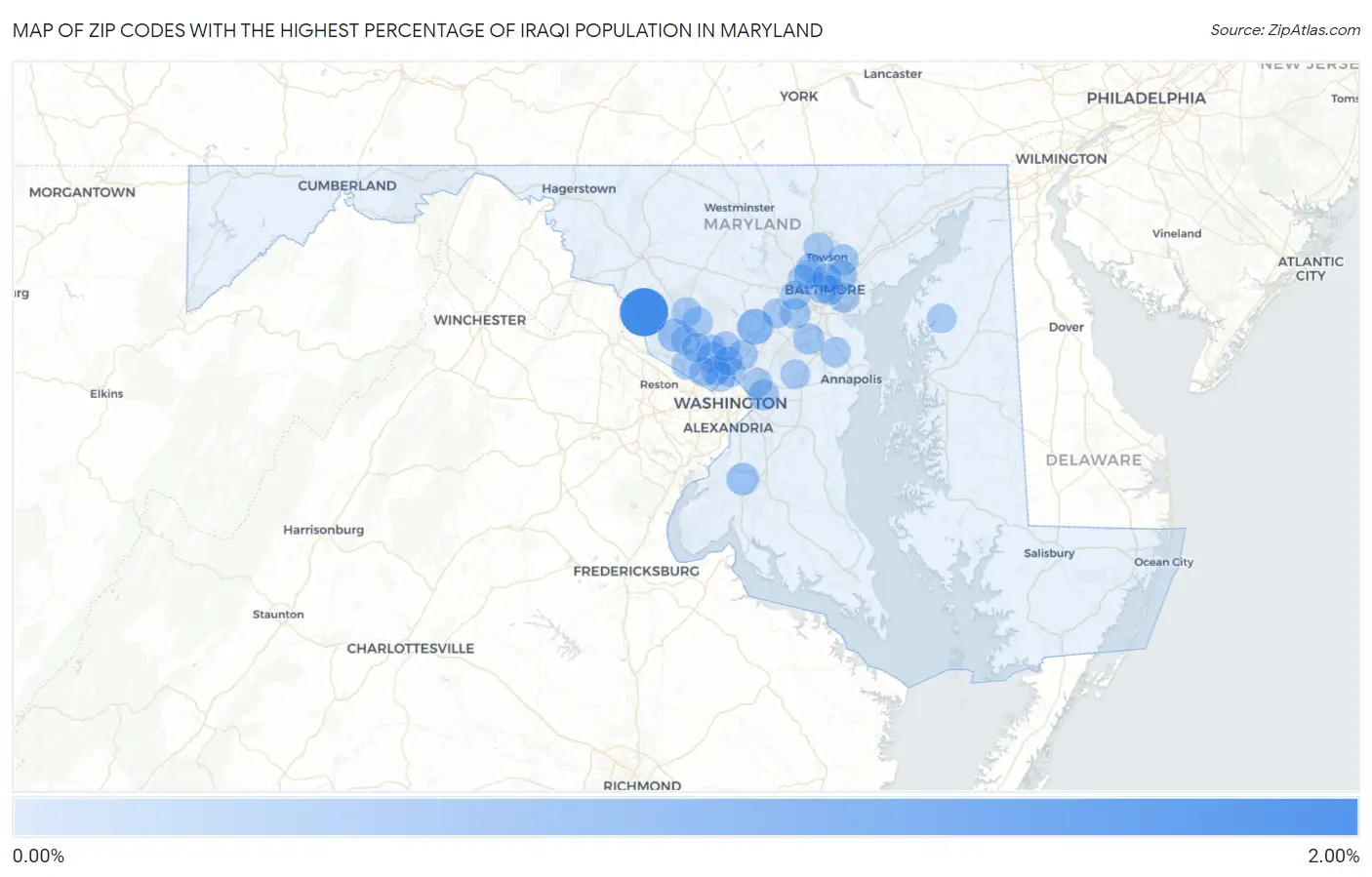 Zip Codes with the Highest Percentage of Iraqi Population in Maryland Map