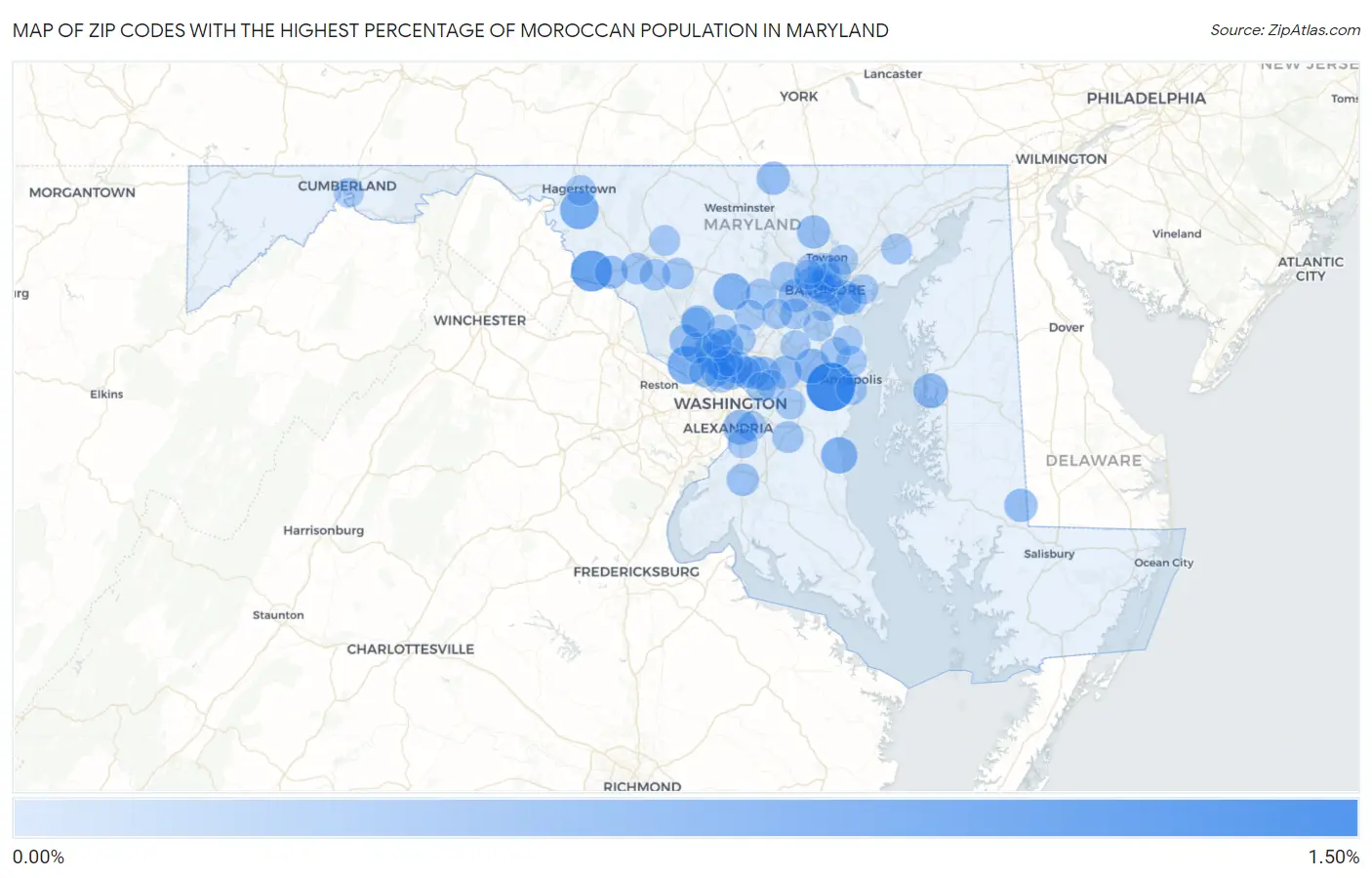 Zip Codes with the Highest Percentage of Moroccan Population in Maryland Map