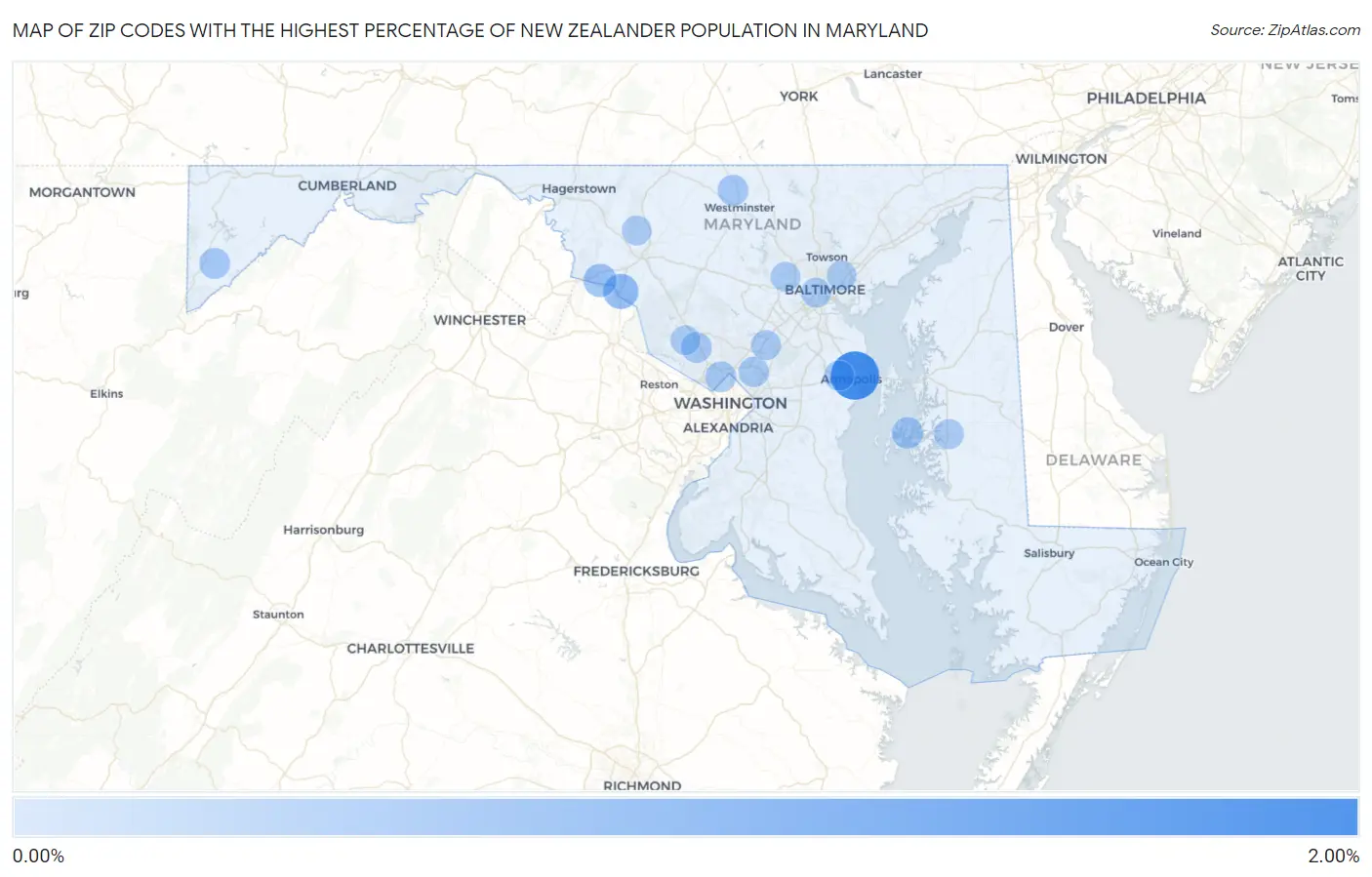 Zip Codes with the Highest Percentage of New Zealander Population in Maryland Map