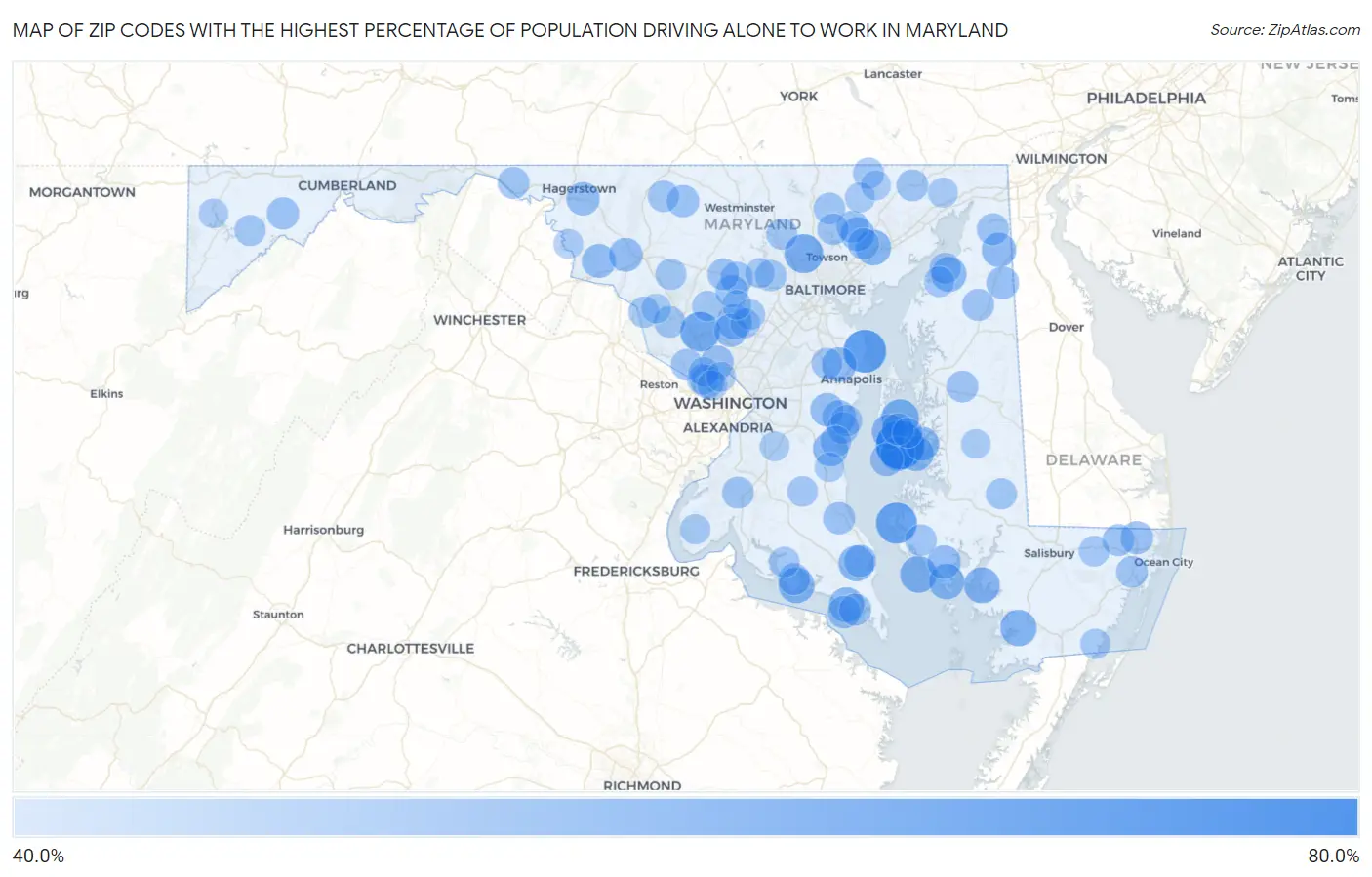 Zip Codes with the Highest Percentage of Population Driving Alone to Work in Maryland Map