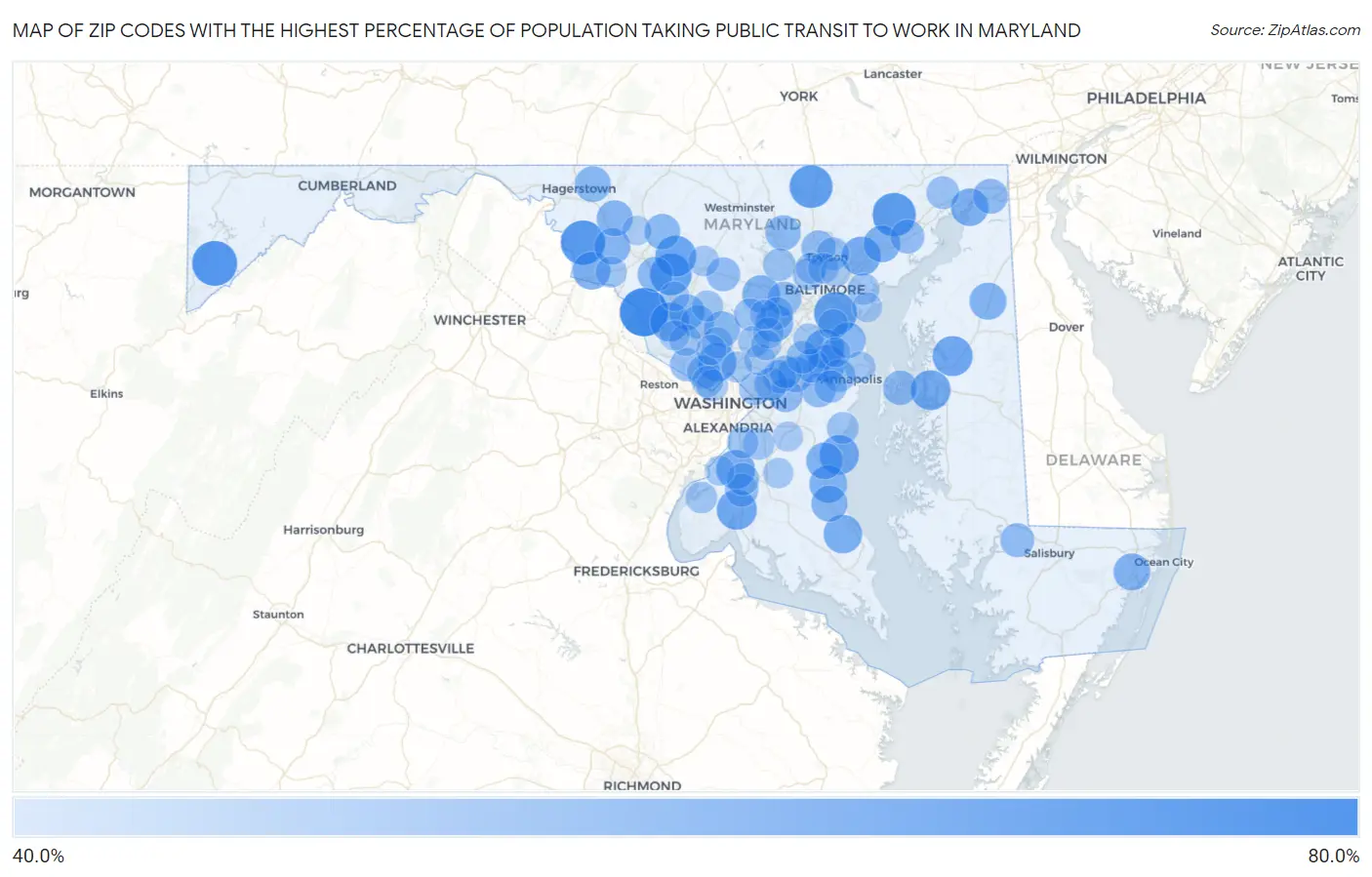 Zip Codes with the Highest Percentage of Population Taking Public Transit to Work in Maryland Map