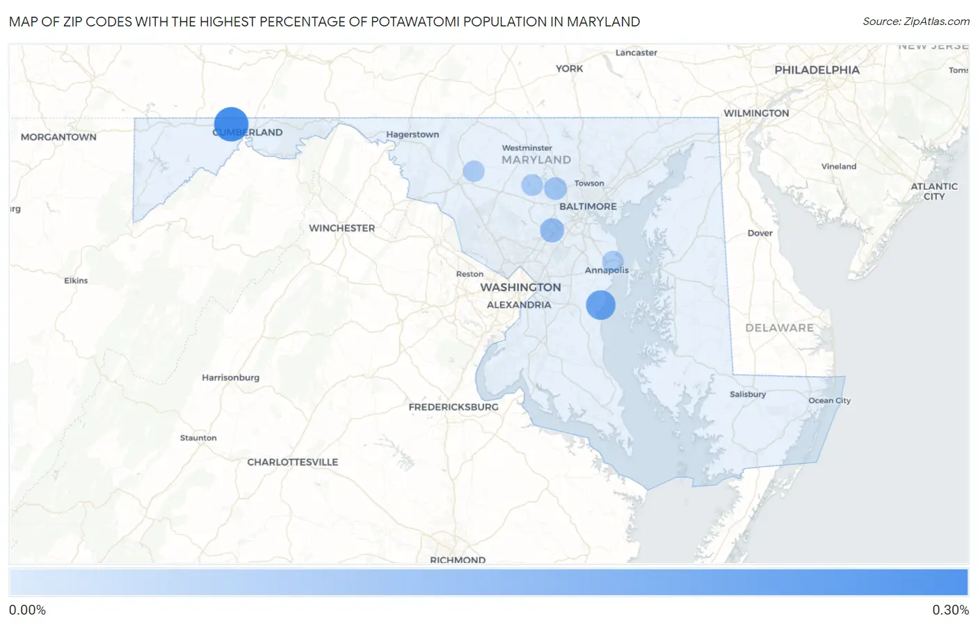 Zip Codes with the Highest Percentage of Potawatomi Population in Maryland Map