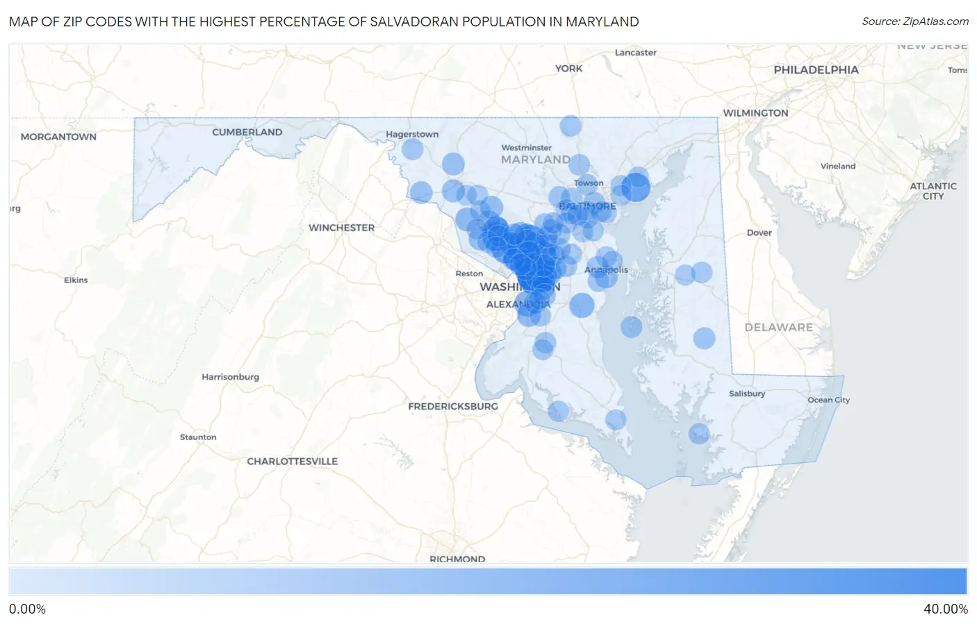 Zip Codes with the Highest Percentage of Salvadoran Population in Maryland Map