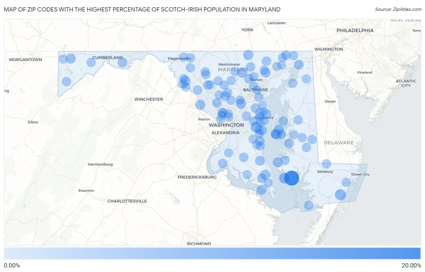 Zip Codes with the Highest Percentage of Scotch-Irish Population in Maryland Map