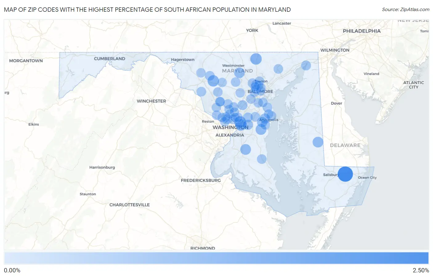 Zip Codes with the Highest Percentage of South African Population in Maryland Map