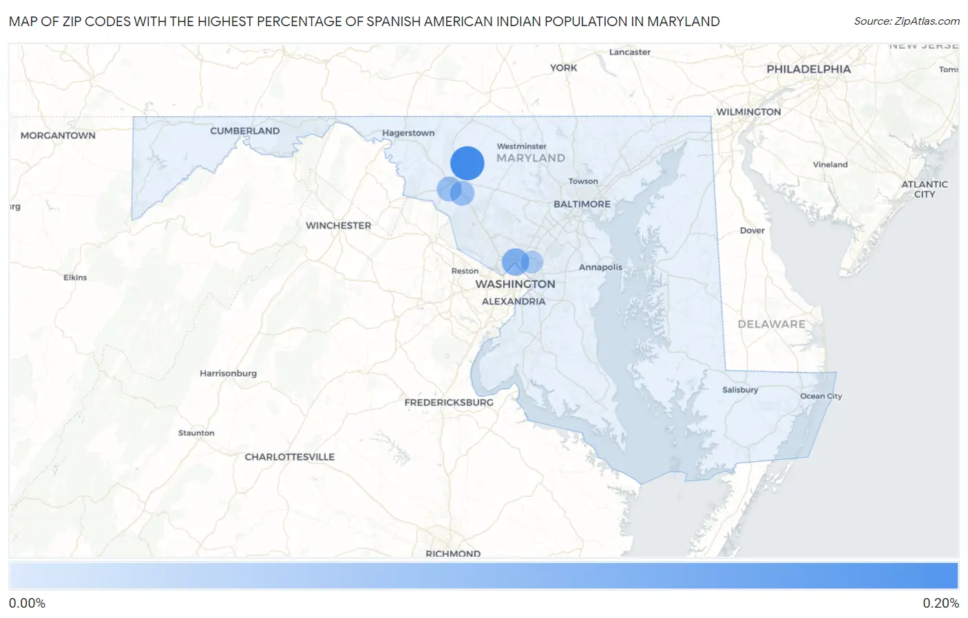 Zip Codes with the Highest Percentage of Spanish American Indian Population in Maryland Map
