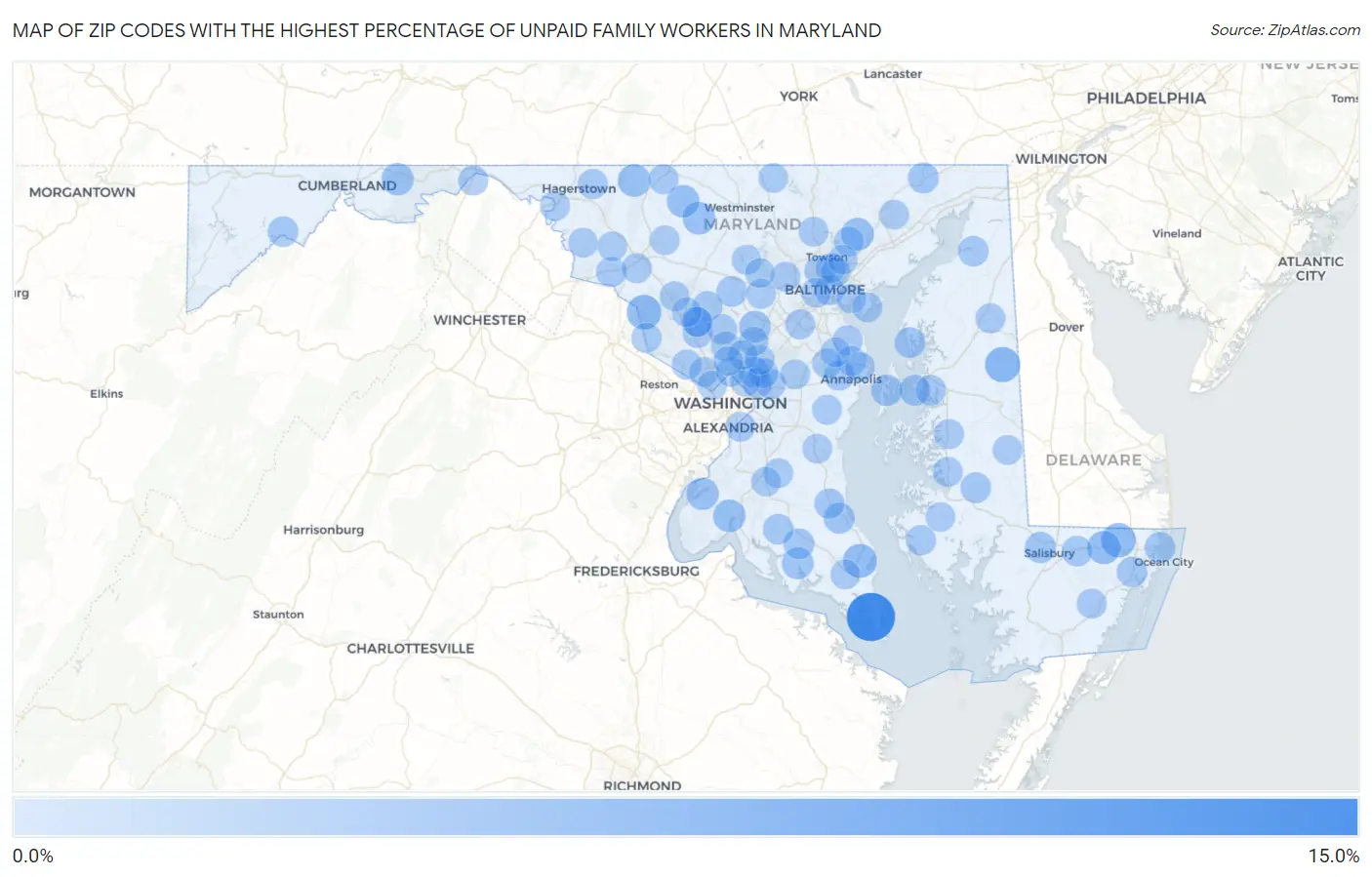 Zip Codes with the Highest Percentage of Unpaid Family Workers in Maryland Map