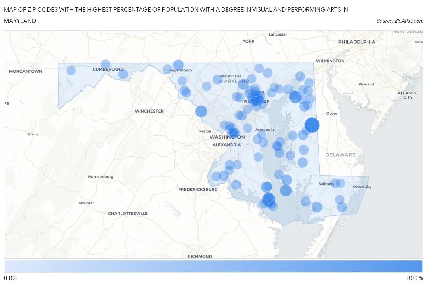 Zip Codes with the Highest Percentage of Population with a Degree in Visual and Performing Arts in Maryland Map