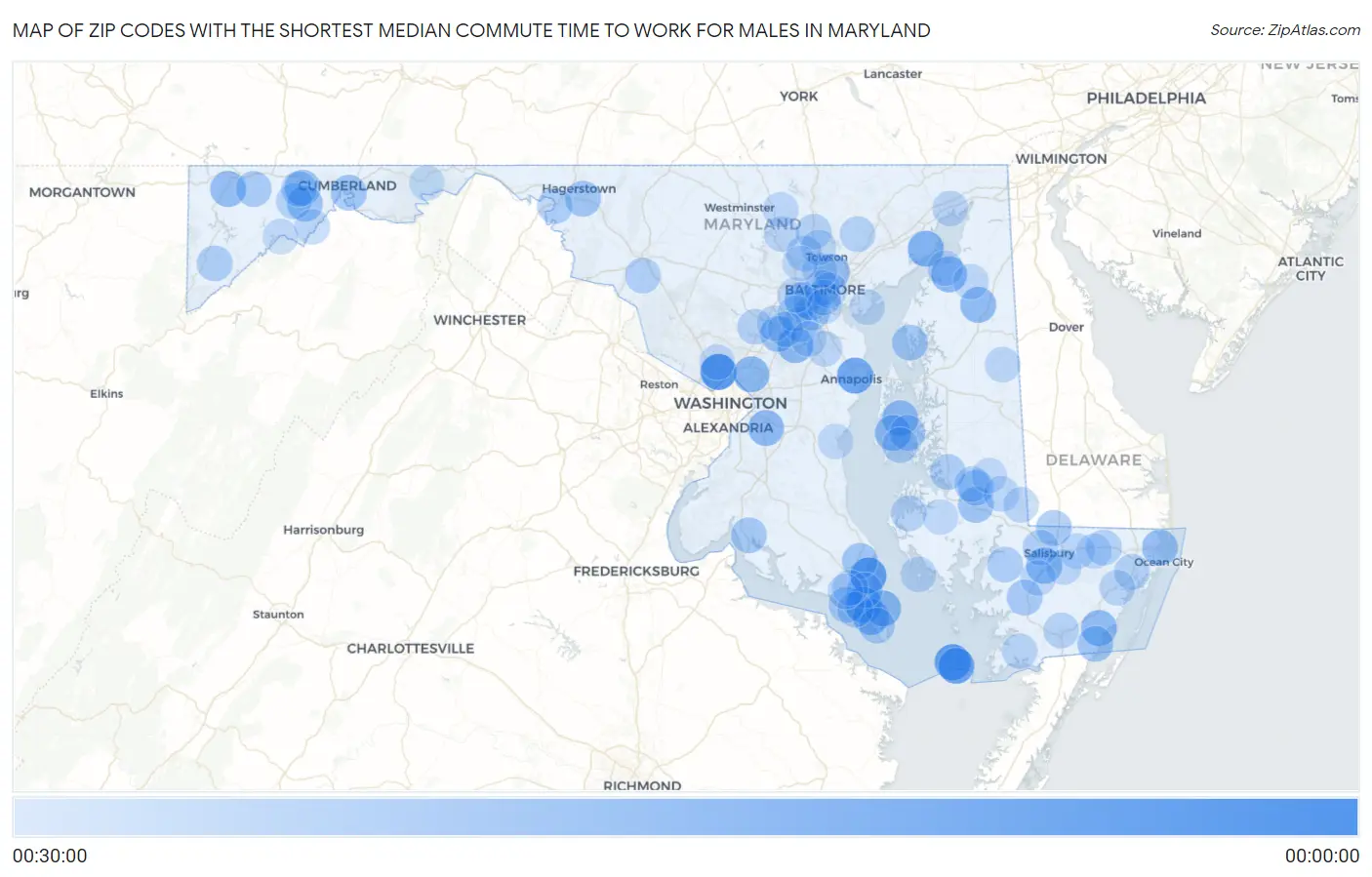 Zip Codes with the Shortest Median Commute Time to Work for Males in Maryland Map