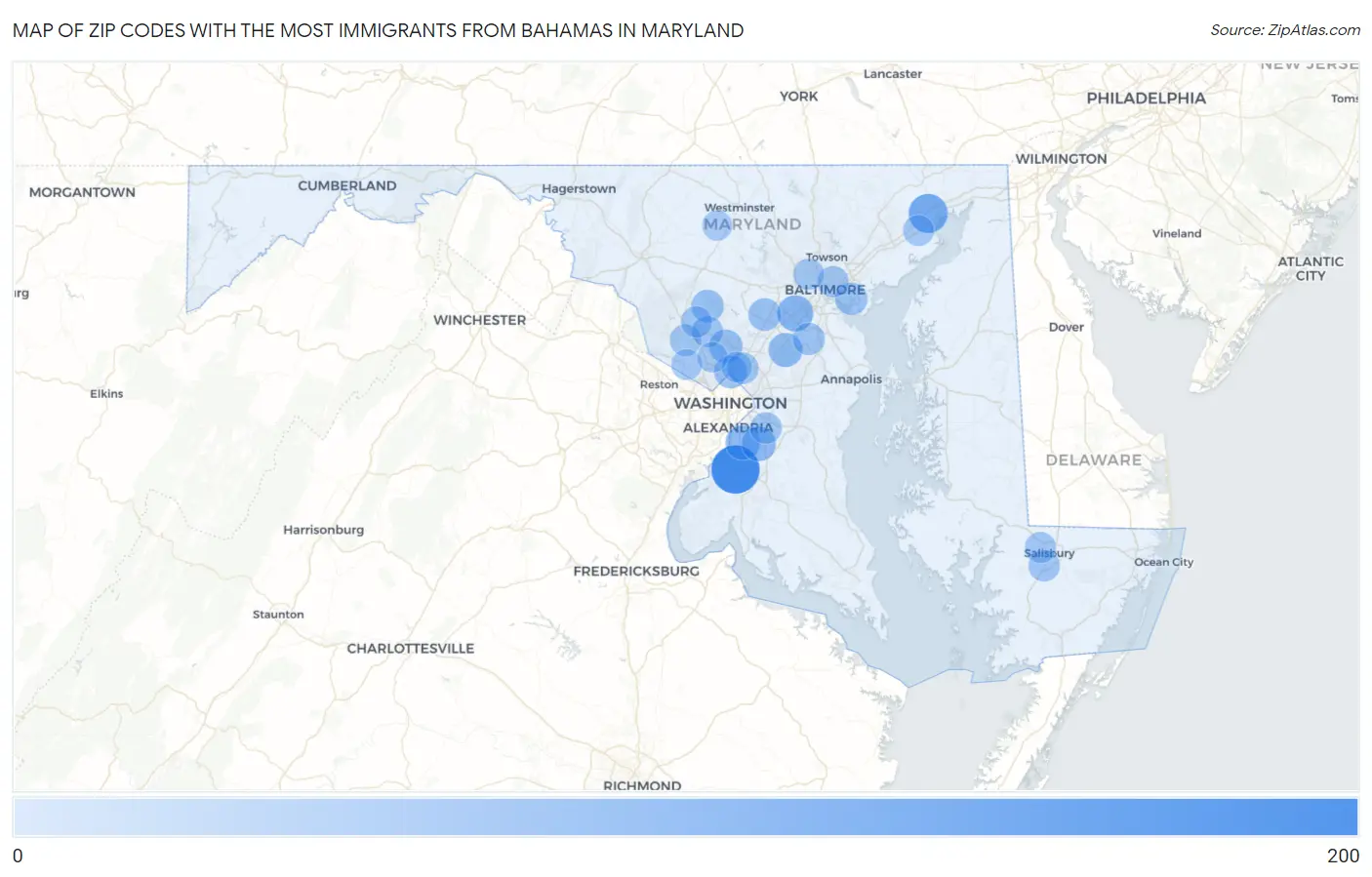 Zip Codes with the Most Immigrants from Bahamas in Maryland Map