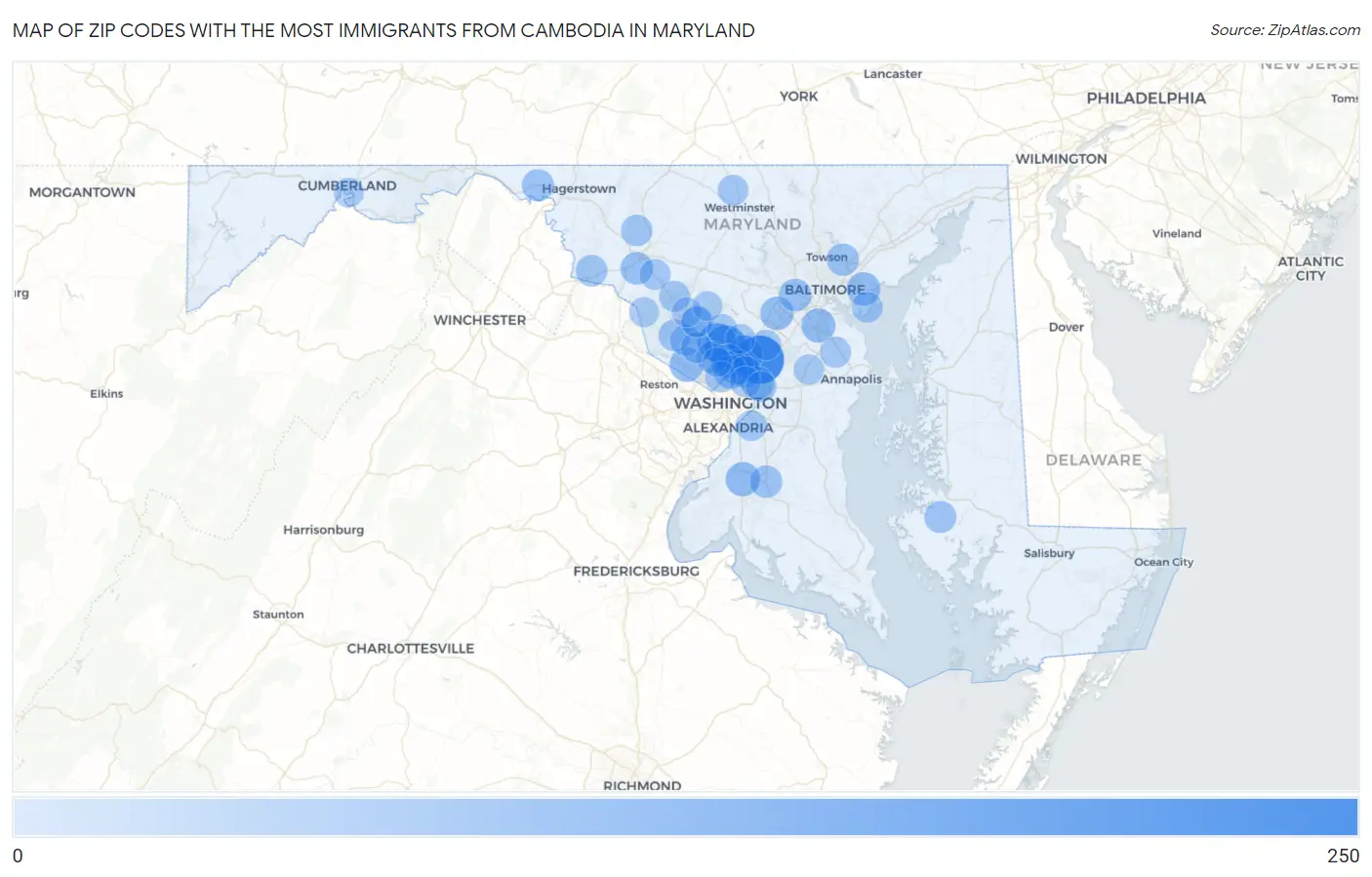 Zip Codes with the Most Immigrants from Cambodia in Maryland Map