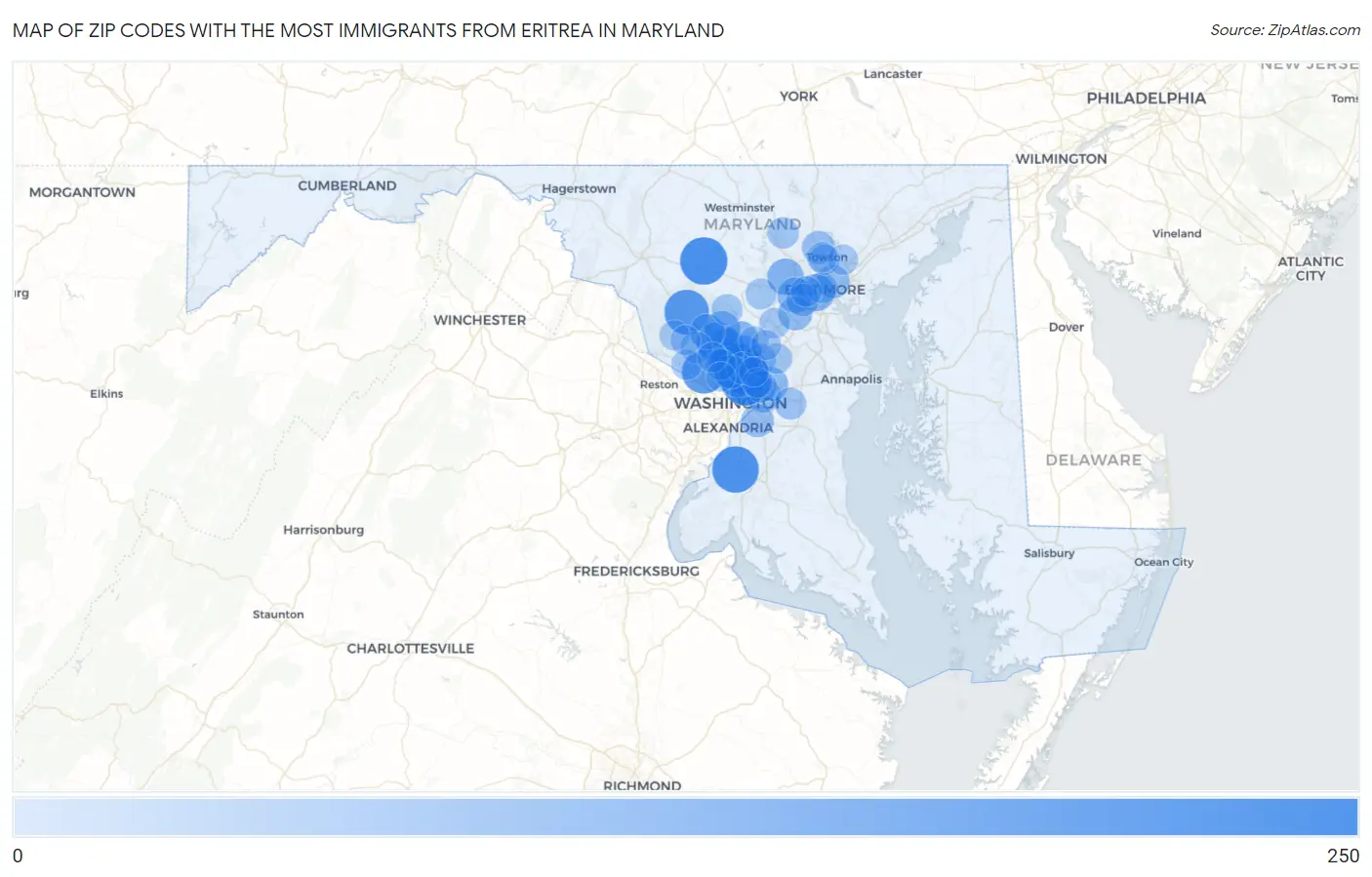 Zip Codes with the Most Immigrants from Eritrea in Maryland Map