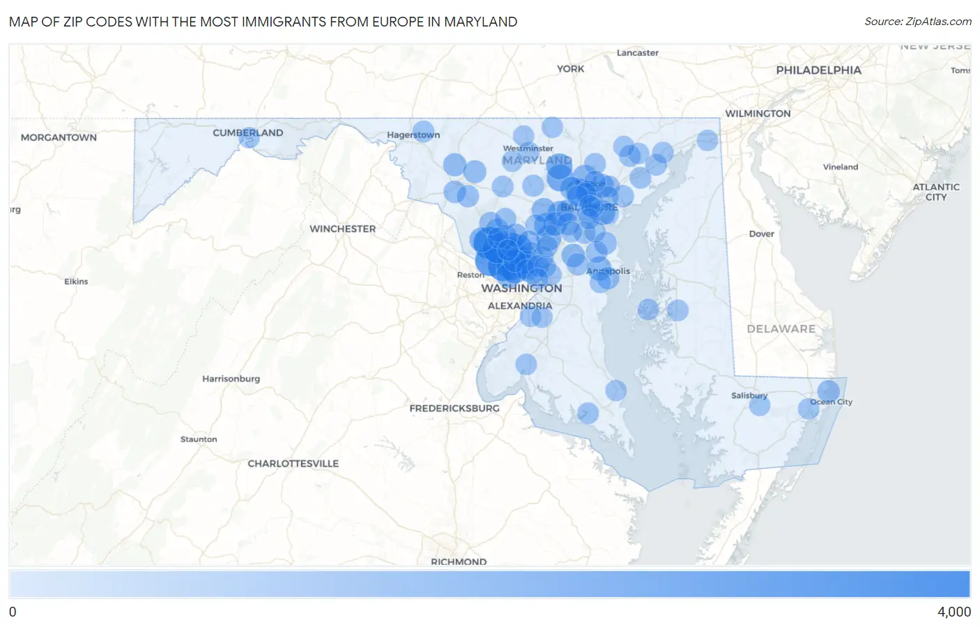 Zip Codes with the Most Immigrants from Europe in Maryland Map