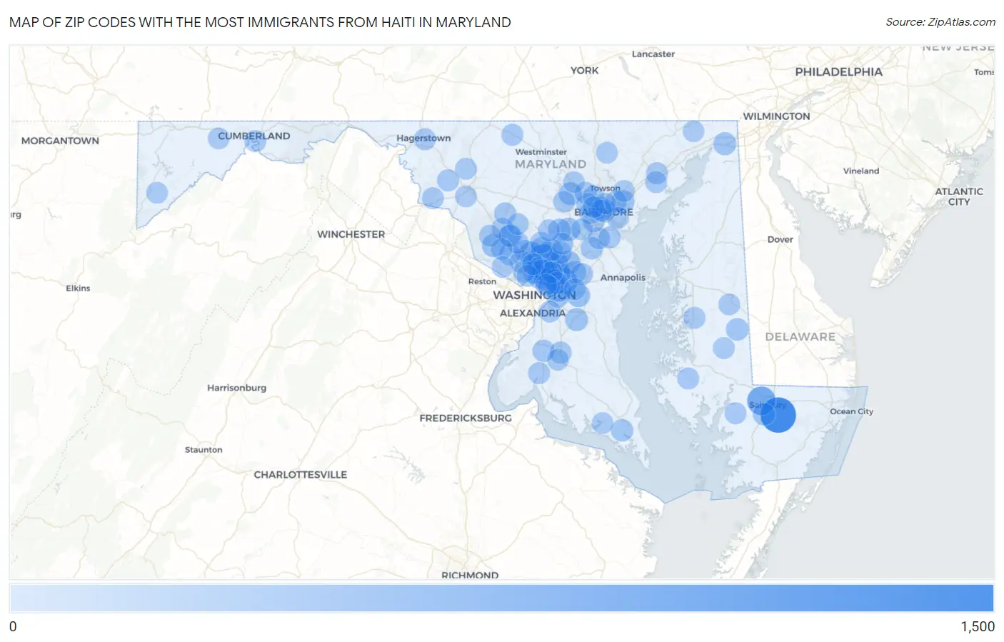 Zip Codes with the Most Immigrants from Haiti in Maryland Map