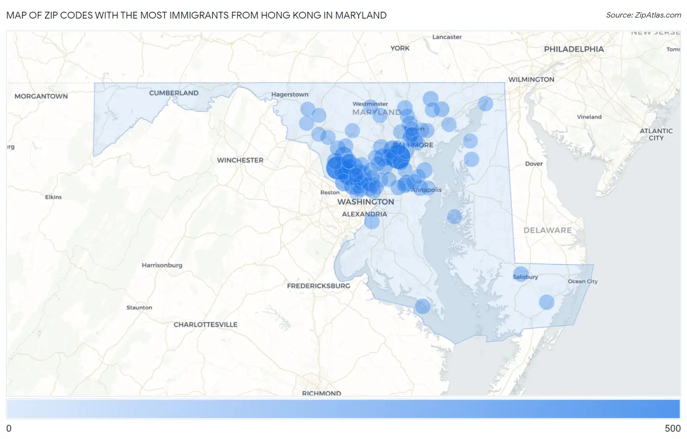 Zip Codes with the Most Immigrants from Hong Kong in Maryland Map