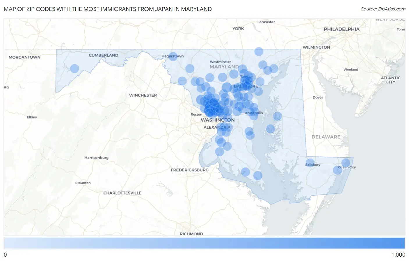 Zip Codes with the Most Immigrants from Japan in Maryland Map