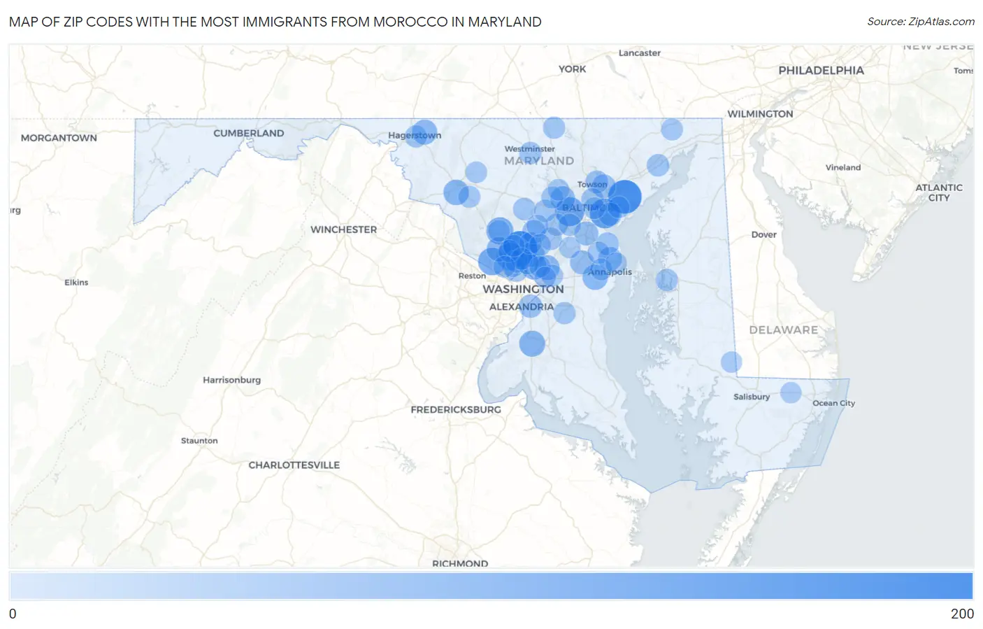 Zip Codes with the Most Immigrants from Morocco in Maryland Map