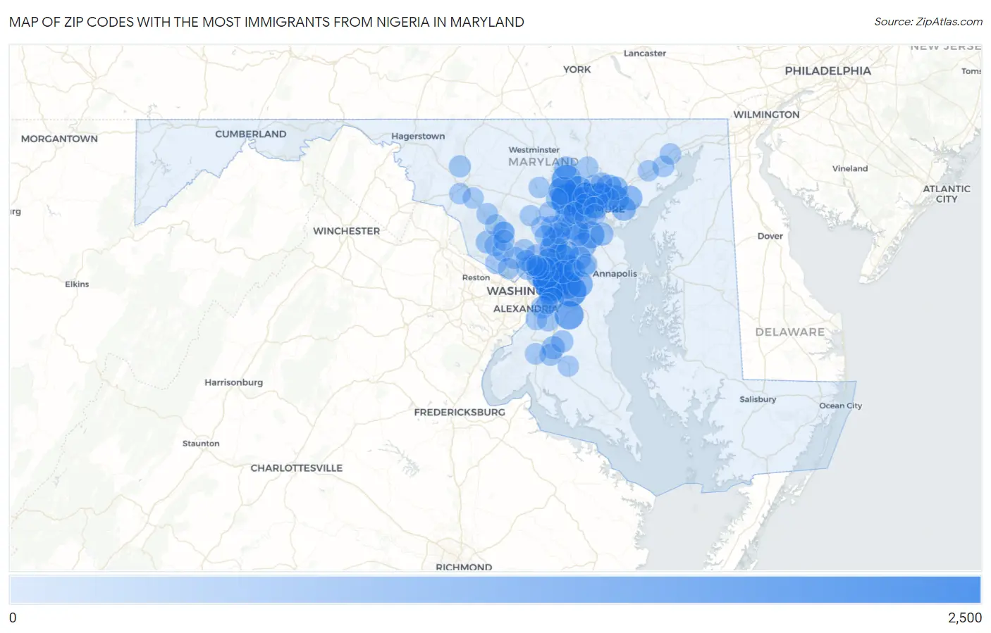 Zip Codes with the Most Immigrants from Nigeria in Maryland Map