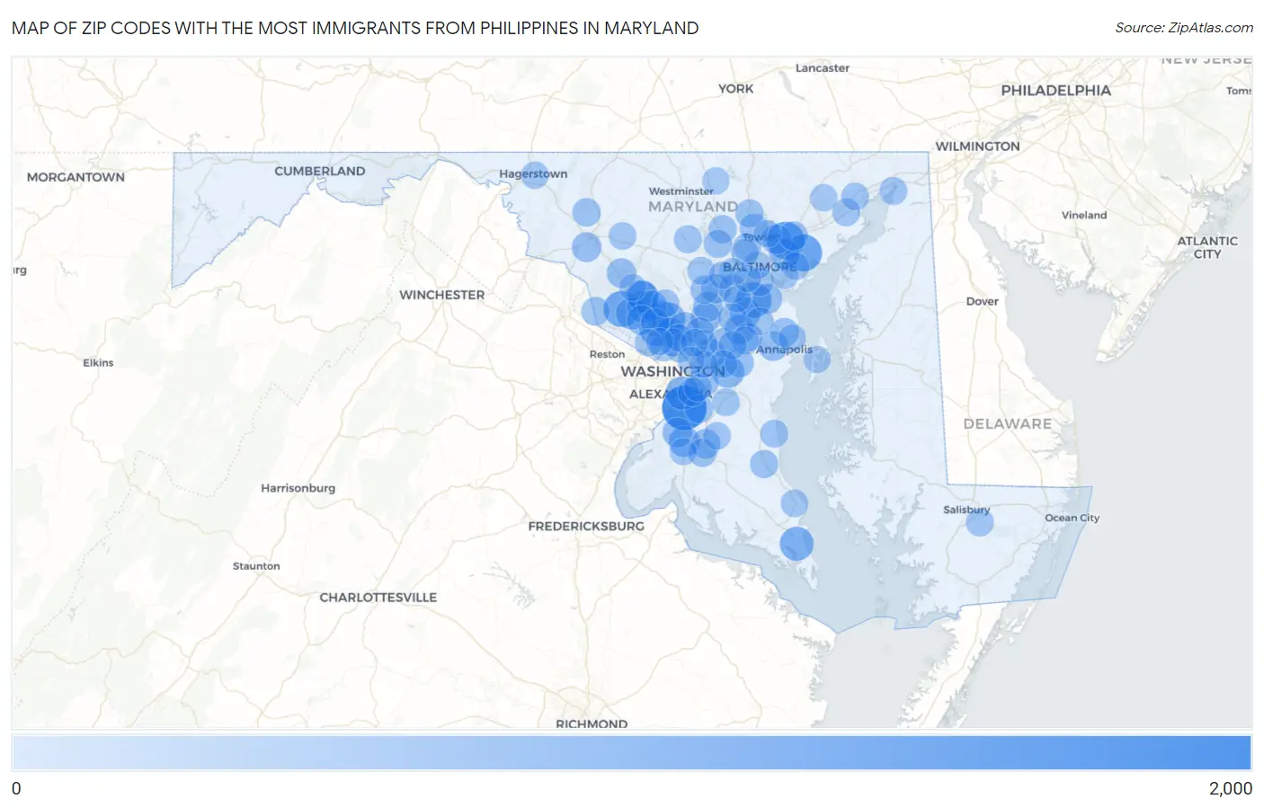 Zip Codes with the Most Immigrants from Philippines in Maryland Map