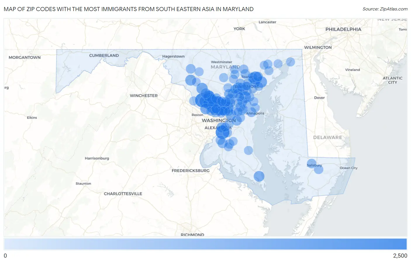 Zip Codes with the Most Immigrants from South Eastern Asia in Maryland Map