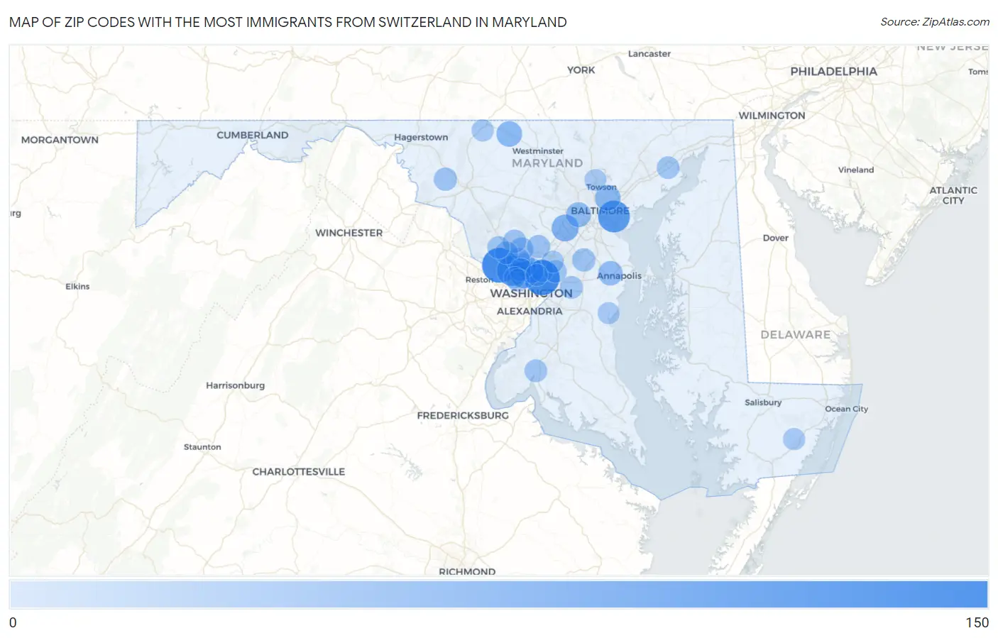 Zip Codes with the Most Immigrants from Switzerland in Maryland Map