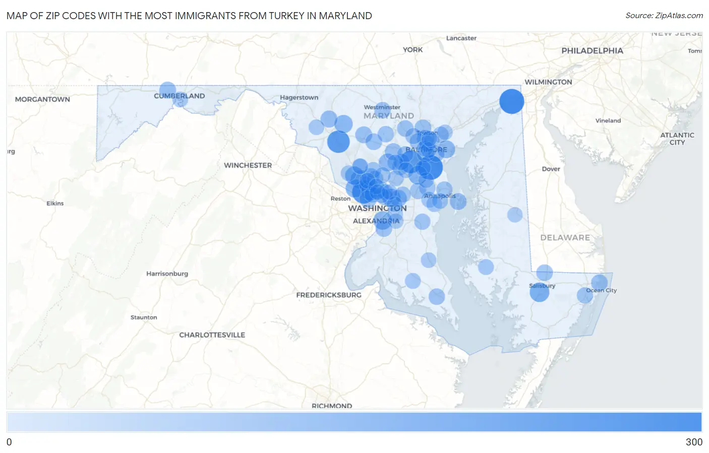 Zip Codes with the Most Immigrants from Turkey in Maryland Map