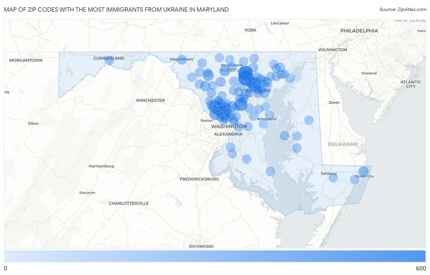 Zip Codes with the Most Immigrants from Ukraine in Maryland Map