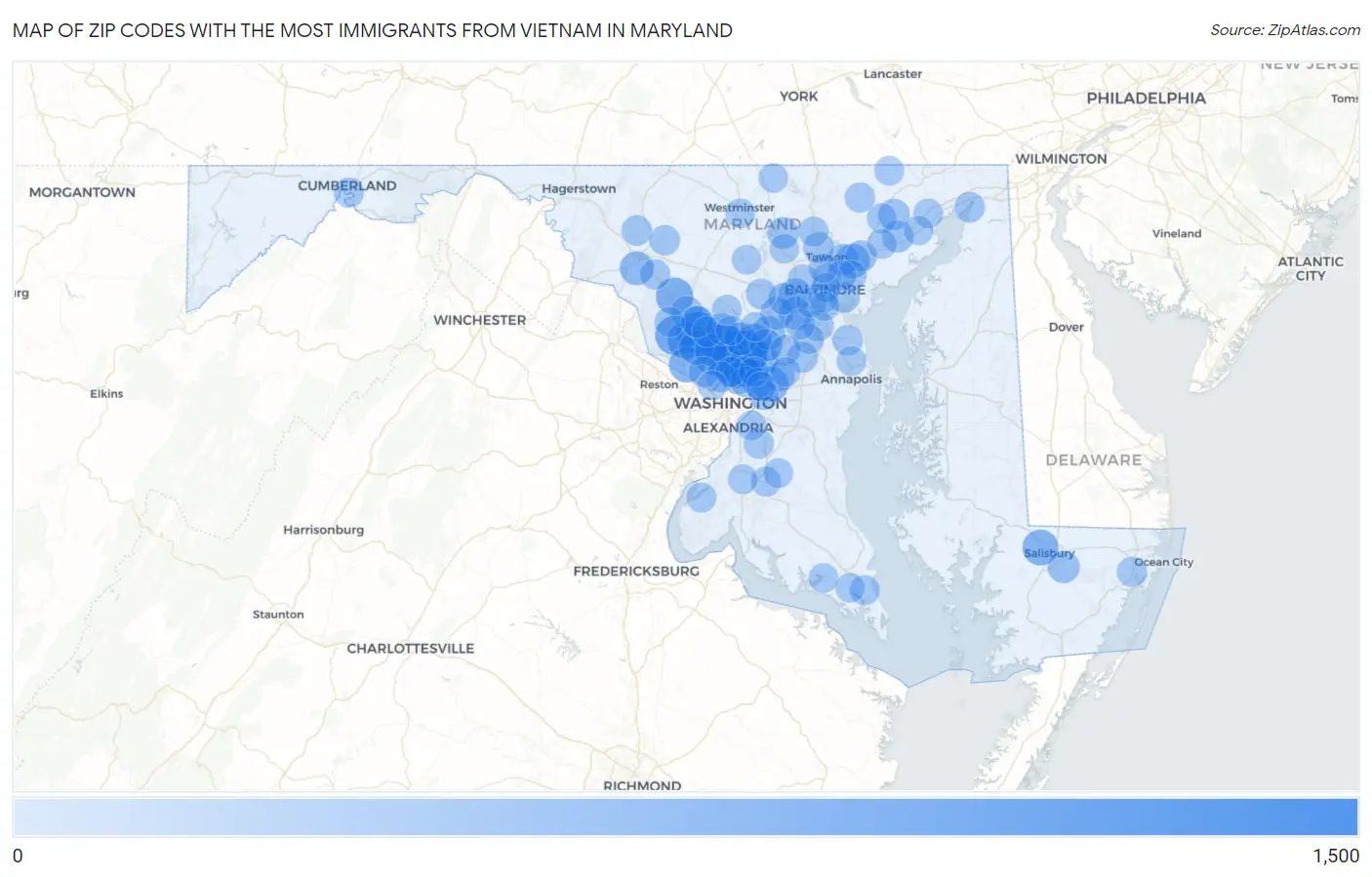 Zip Codes with the Most Immigrants from Vietnam in Maryland Map