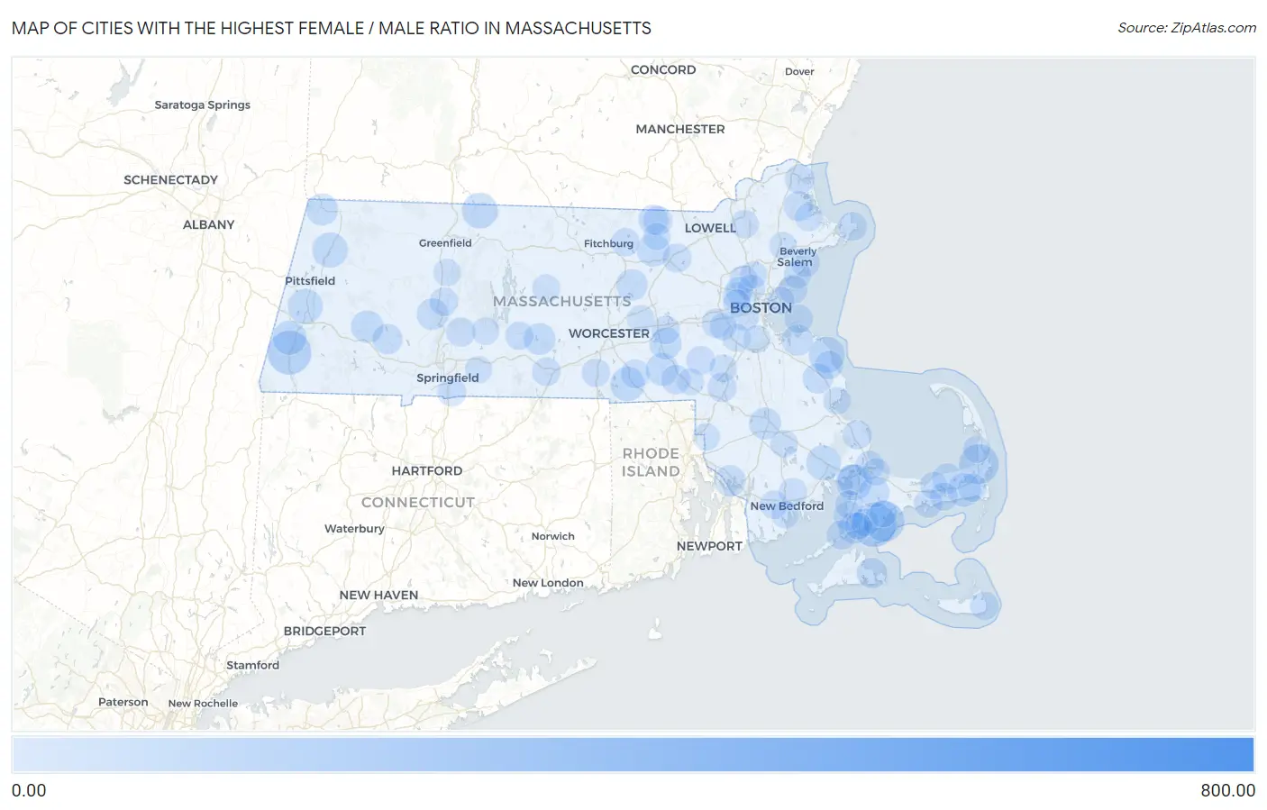 Cities with the Highest Female / Male Ratio in Massachusetts Map