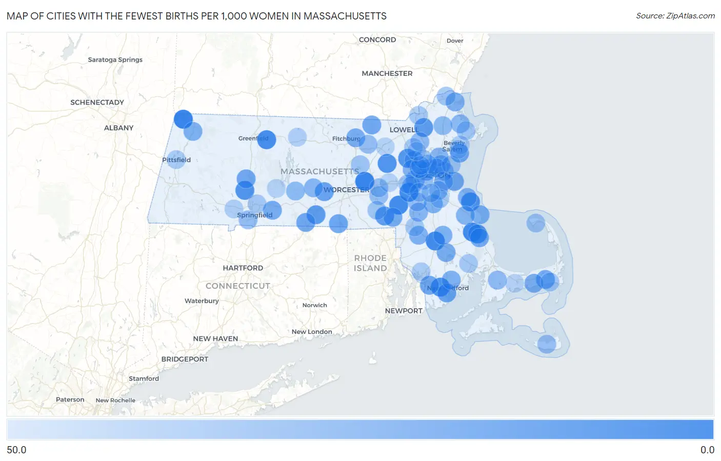 Cities with the Fewest Births per 1,000 Women in Massachusetts Map